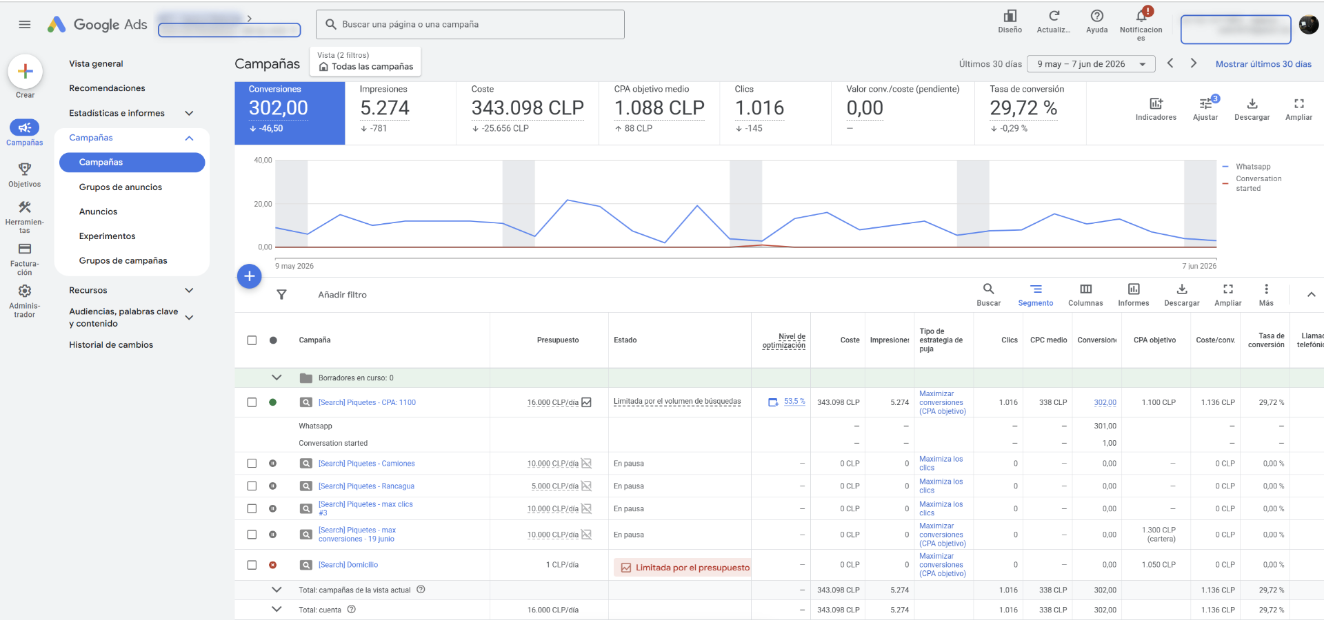 Google Ads · Piquetes · 302 conv. · 29.7%