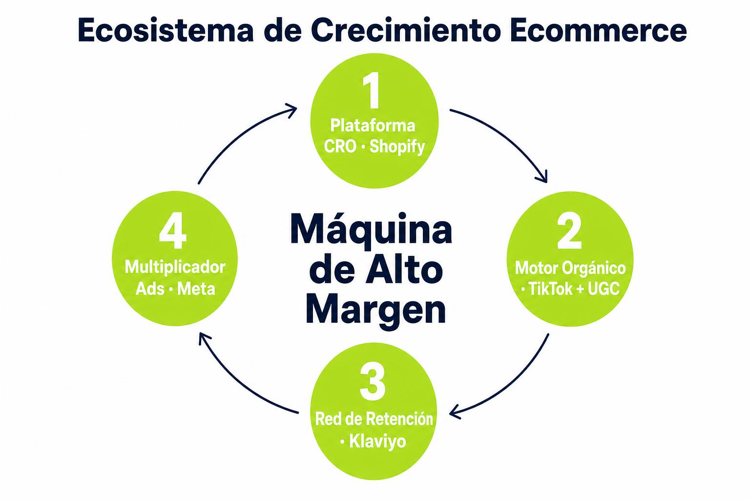 Ecosistema de crecimiento ecommerce: Plataforma CRO, Motor Orgánico, Red de Retención y Multiplicador Ads
